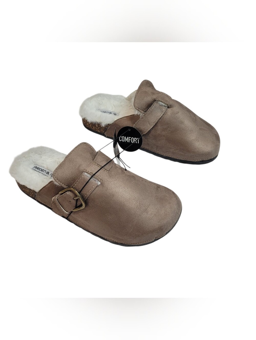 Arden B. Womens Faux Fur Lined Taupe Suede Clogs Size 8